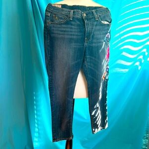 Polo brand,  w/multicolor embroidered flowers, skinny ankle length jeans.